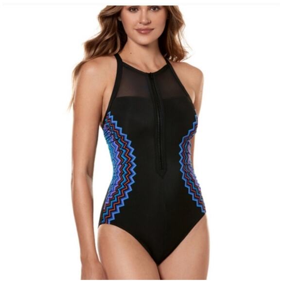 NWT Miraclesuit True Color Zipline One Piece Swimsuit Womens Size 10 Black Multi - Picture 1 of 11